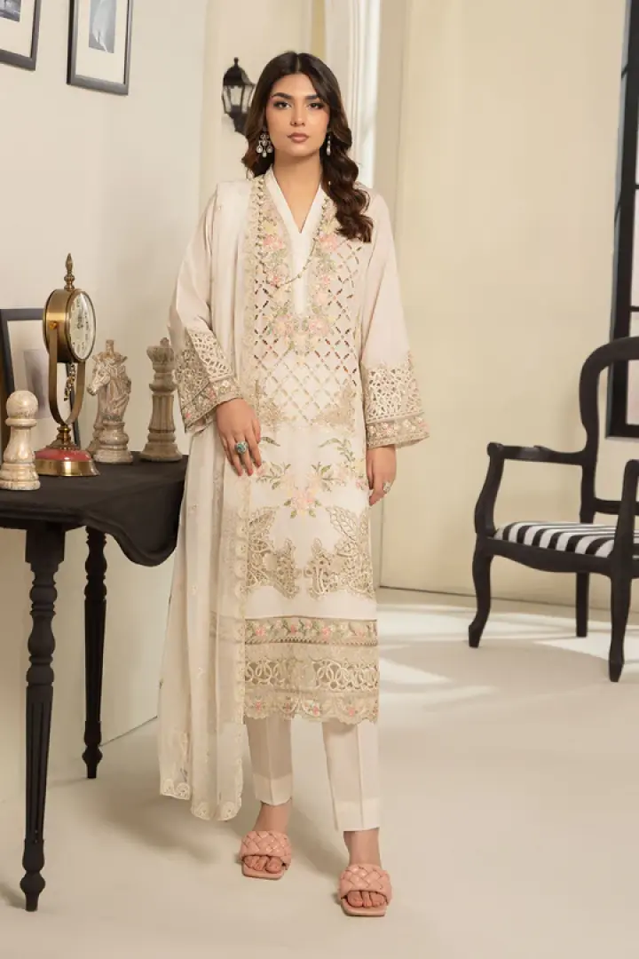 3 Piece - White Paste Printed Embroidered Suit - 42401909